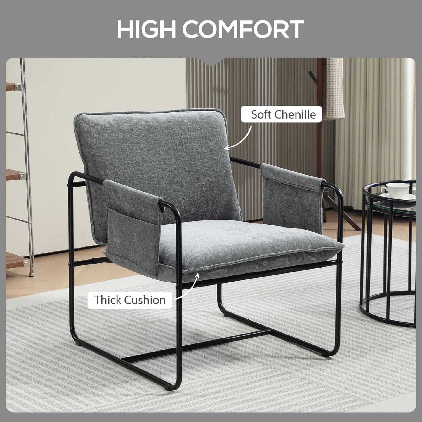 Upholstered Reading Chair with Side Pockets and Steel Frame, Grey