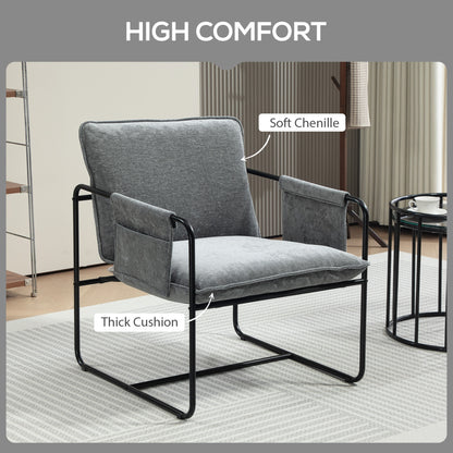 Upholstered Reading Chair with Side Pockets and Steel Frame, Grey