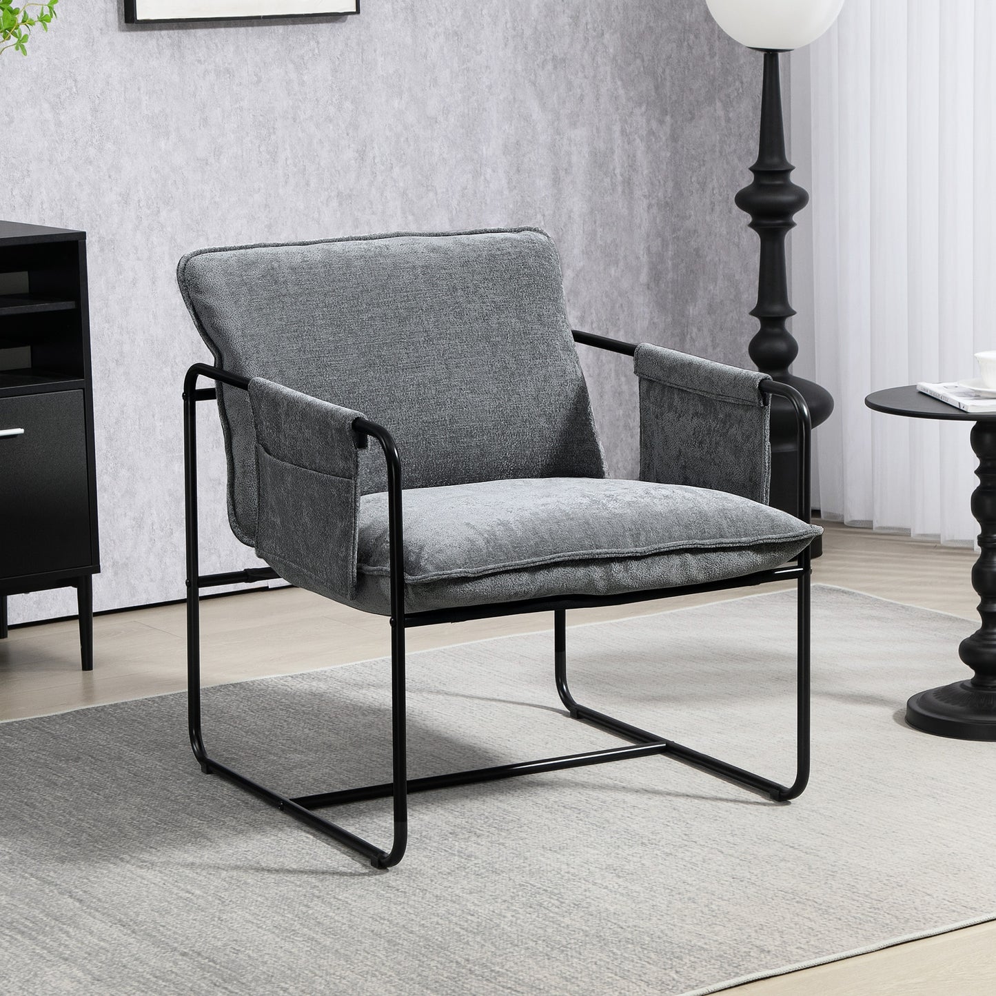 Upholstered Reading Chair with Side Pockets and Steel Frame, Grey