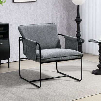 Upholstered Reading Chair with Side Pockets and Steel Frame, Grey