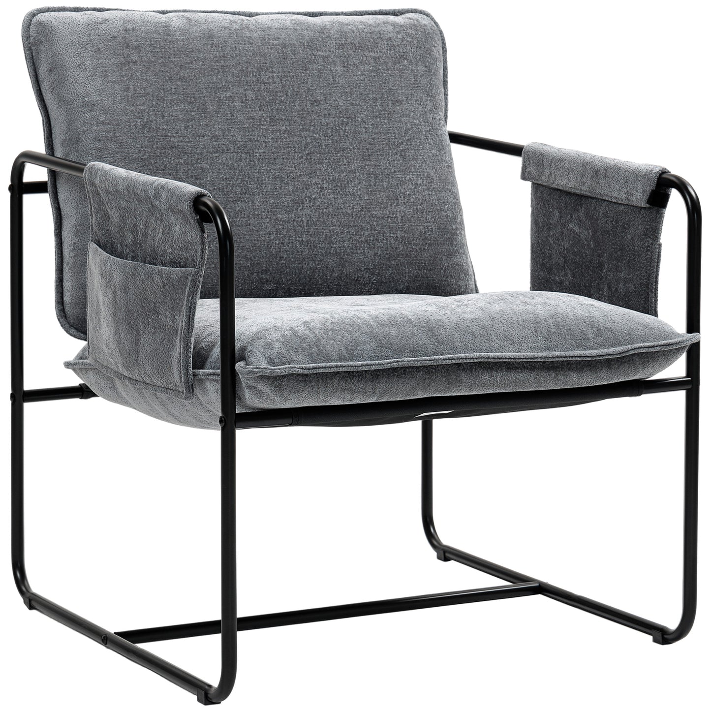 Upholstered Reading Chair with Side Pockets and Steel Frame, Grey