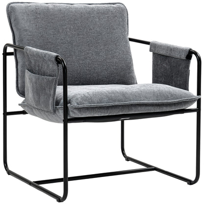 Upholstered Reading Chair with Side Pockets and Steel Frame, Grey
