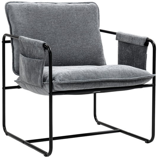 Upholstered Reading Chair with Side Pockets and Steel Frame, Grey