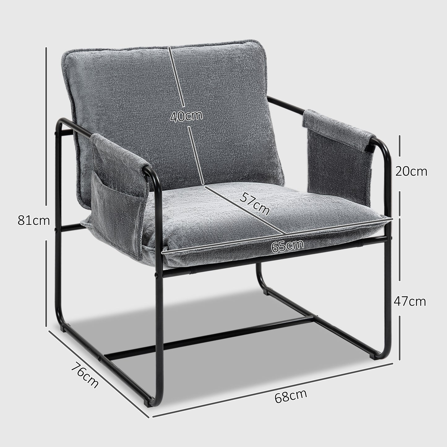 Upholstered Reading Chair with Side Pockets and Steel Frame, Grey