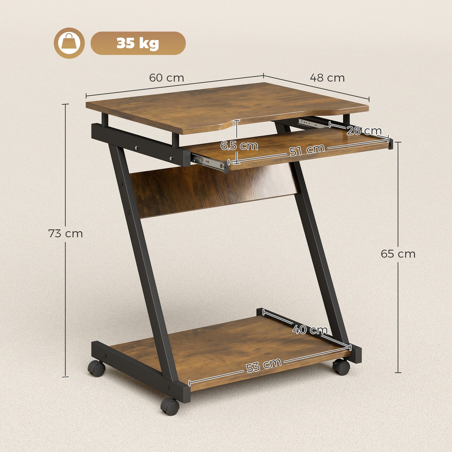 Mobile Computer Desk, Z-Shaped Writing Desk, PC Table for Small Spaces, Workstation with 4 Wheels & Sliding Keyboard for Home Office, Easy Assembly, Rustic Brown