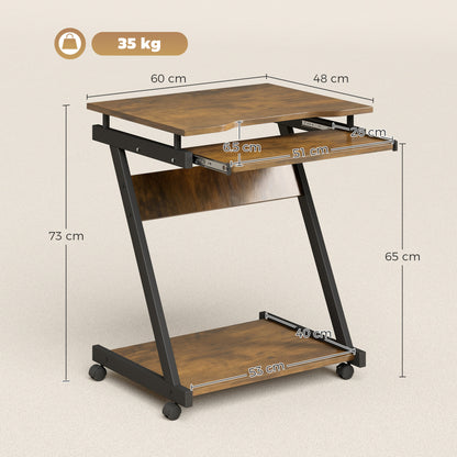 Mobile Computer Desk, Z-Shaped Writing Desk, PC Table for Small Spaces, Workstation with 4 Wheels & Sliding Keyboard for Home Office, Easy Assembly, Rustic Brown