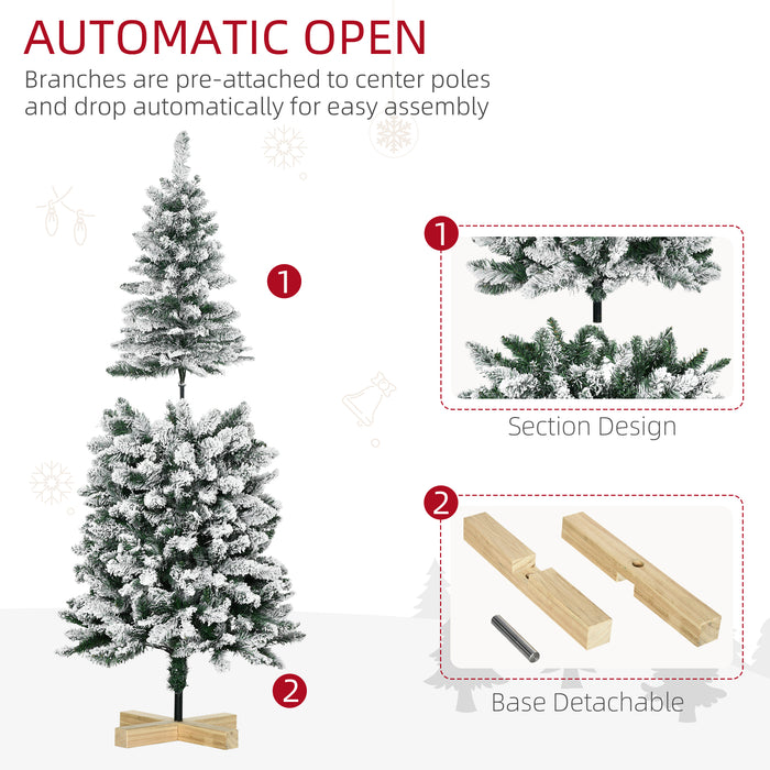 5 Foot Snow Flocked Artificial Christmas Tree, Xmas Pencil Tree with 426 Realistic Branches, Auto Open, Pinewood Base, Green