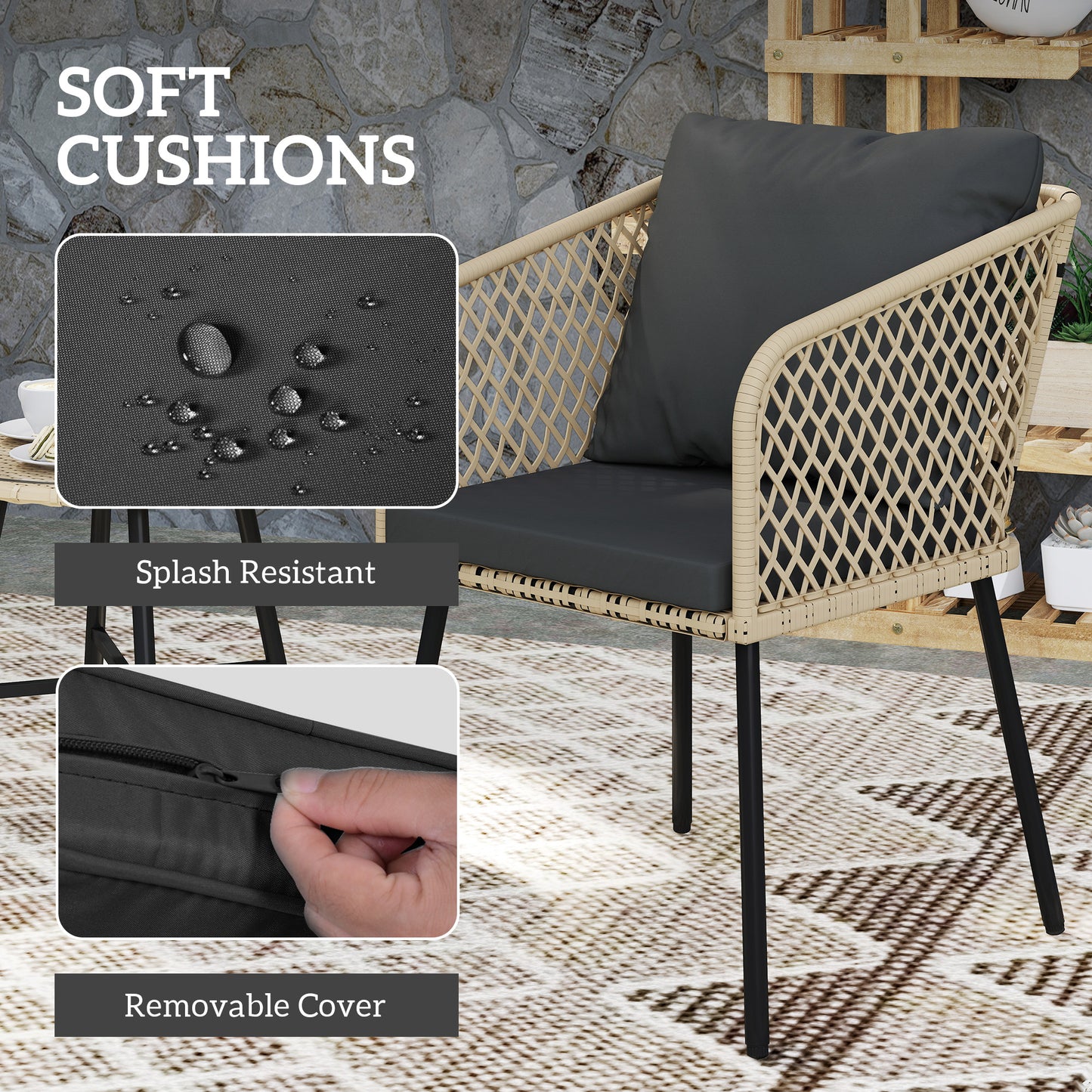 3 Piece Rattan Bistro Set with Cushions, Nature Wood Finish