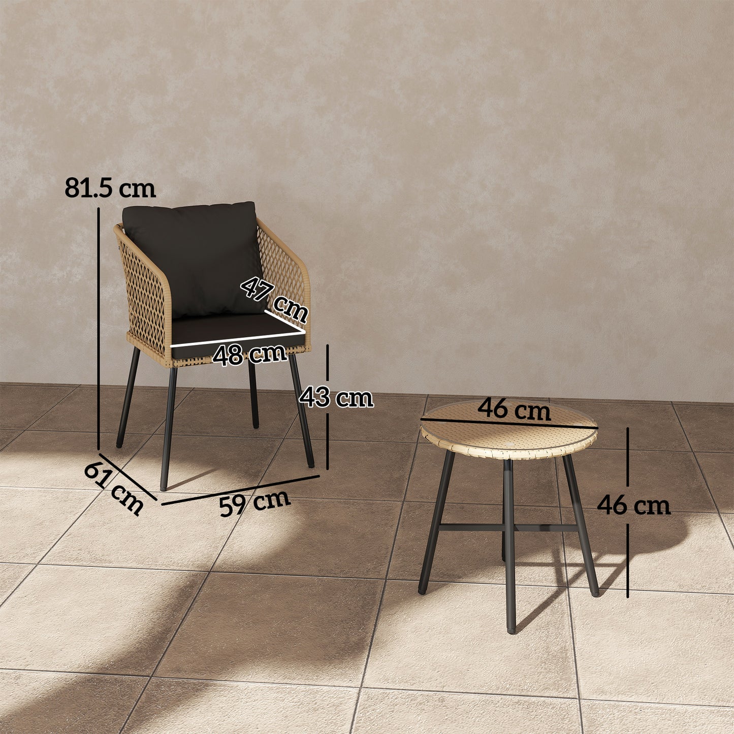 3 Piece Rattan Bistro Set with Cushions, Nature Wood Finish