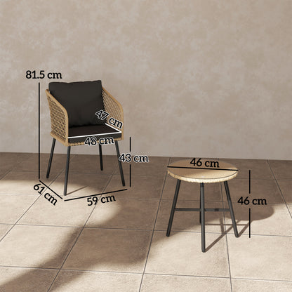 3 Piece Rattan Bistro Set with Cushions, Nature Wood Finish