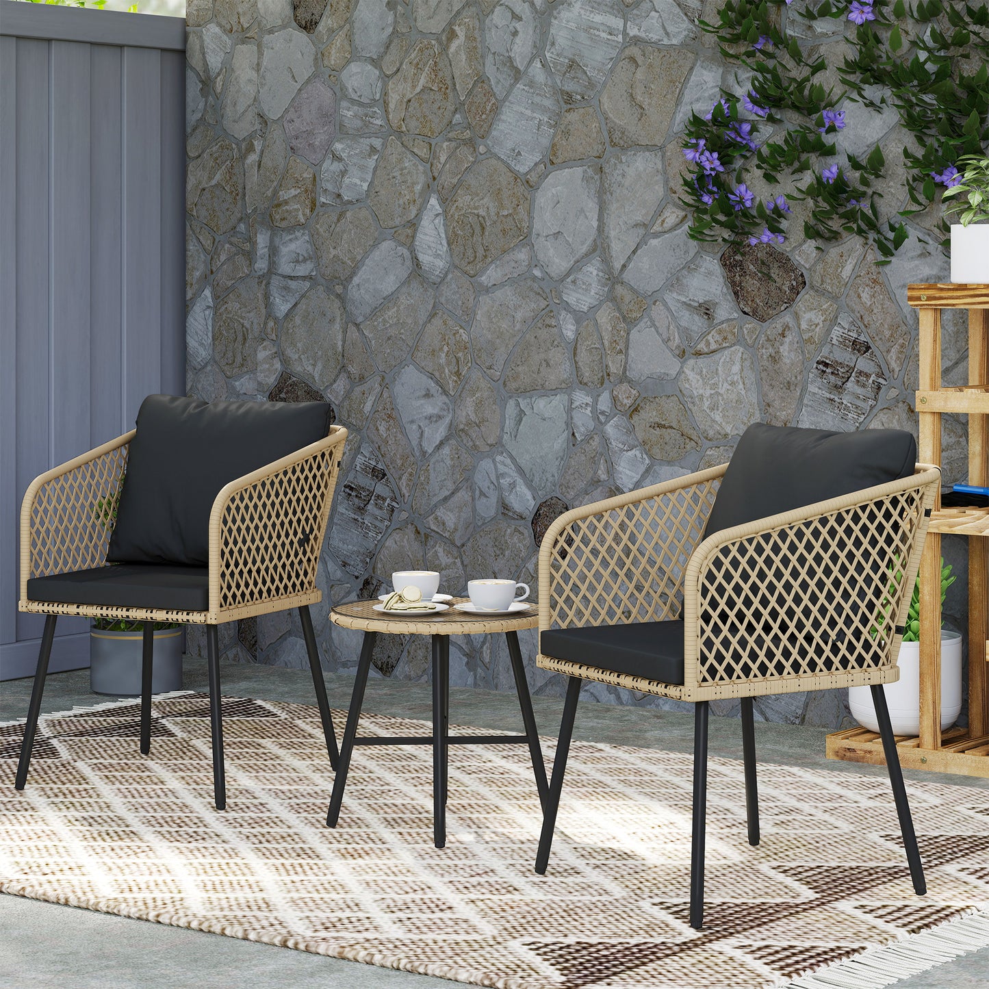 3 Piece Rattan Bistro Set with Cushions, Nature Wood Finish