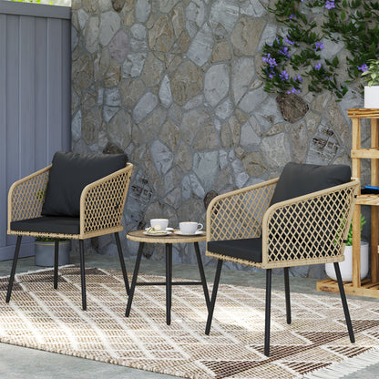 3 Piece Rattan Bistro Set with Cushions, Nature Wood Finish