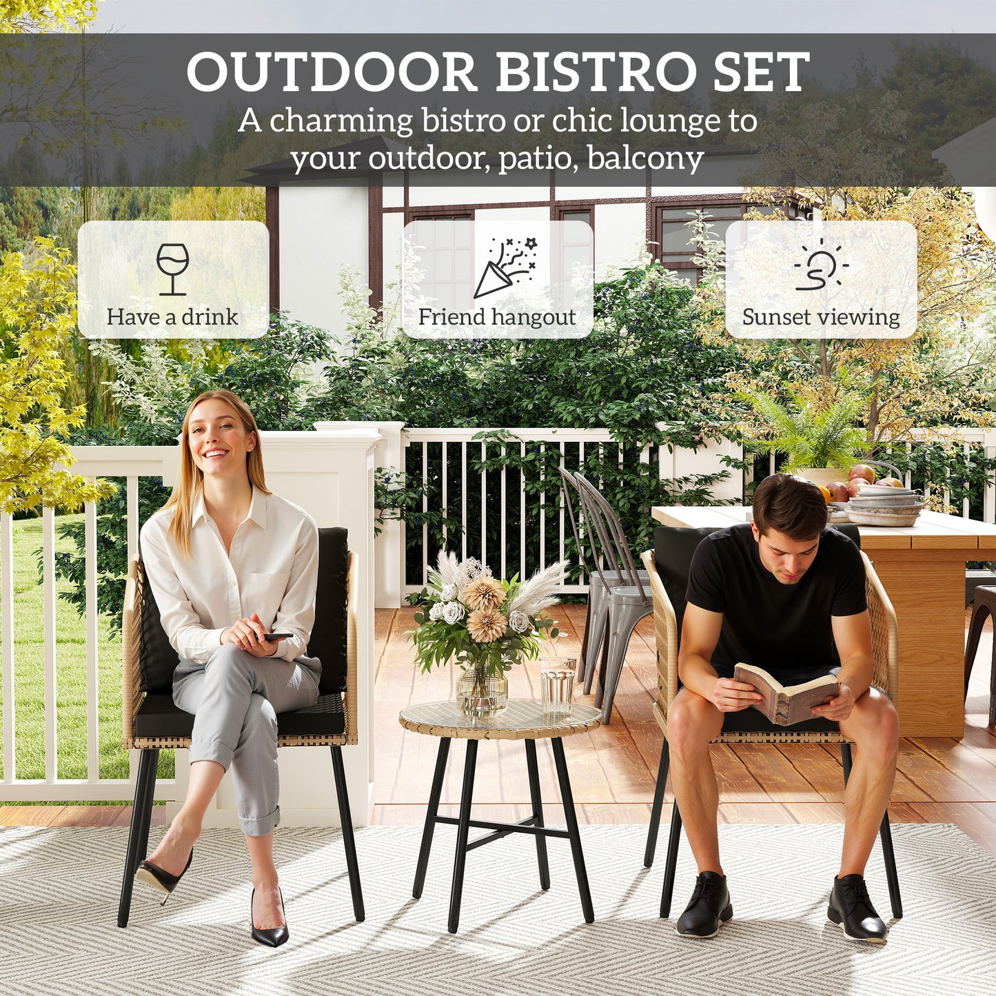 3 Piece Rattan Bistro Set with Cushions, Nature Wood Finish