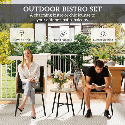 3 Piece Rattan Bistro Set with Cushions, Nature Wood Finish