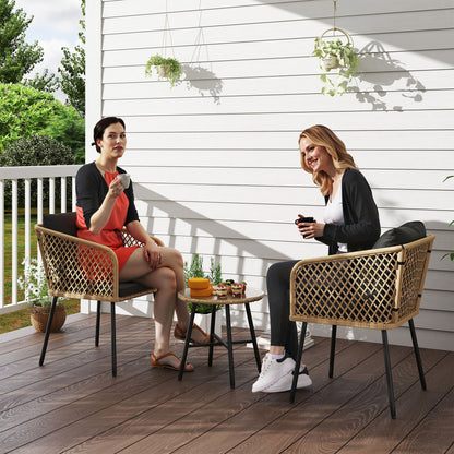 3 Piece Rattan Bistro Set with Cushions, Nature Wood Finish