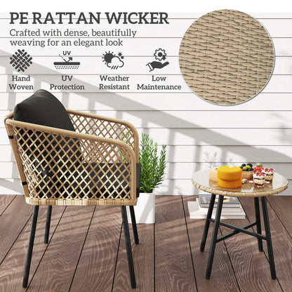 3 Piece Rattan Bistro Set with Cushions, Nature Wood Finish