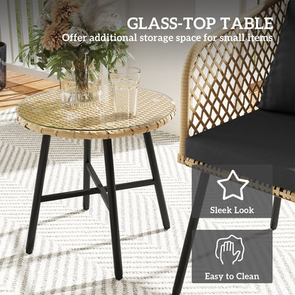 3 Piece Rattan Bistro Set with Cushions, Nature Wood Finish