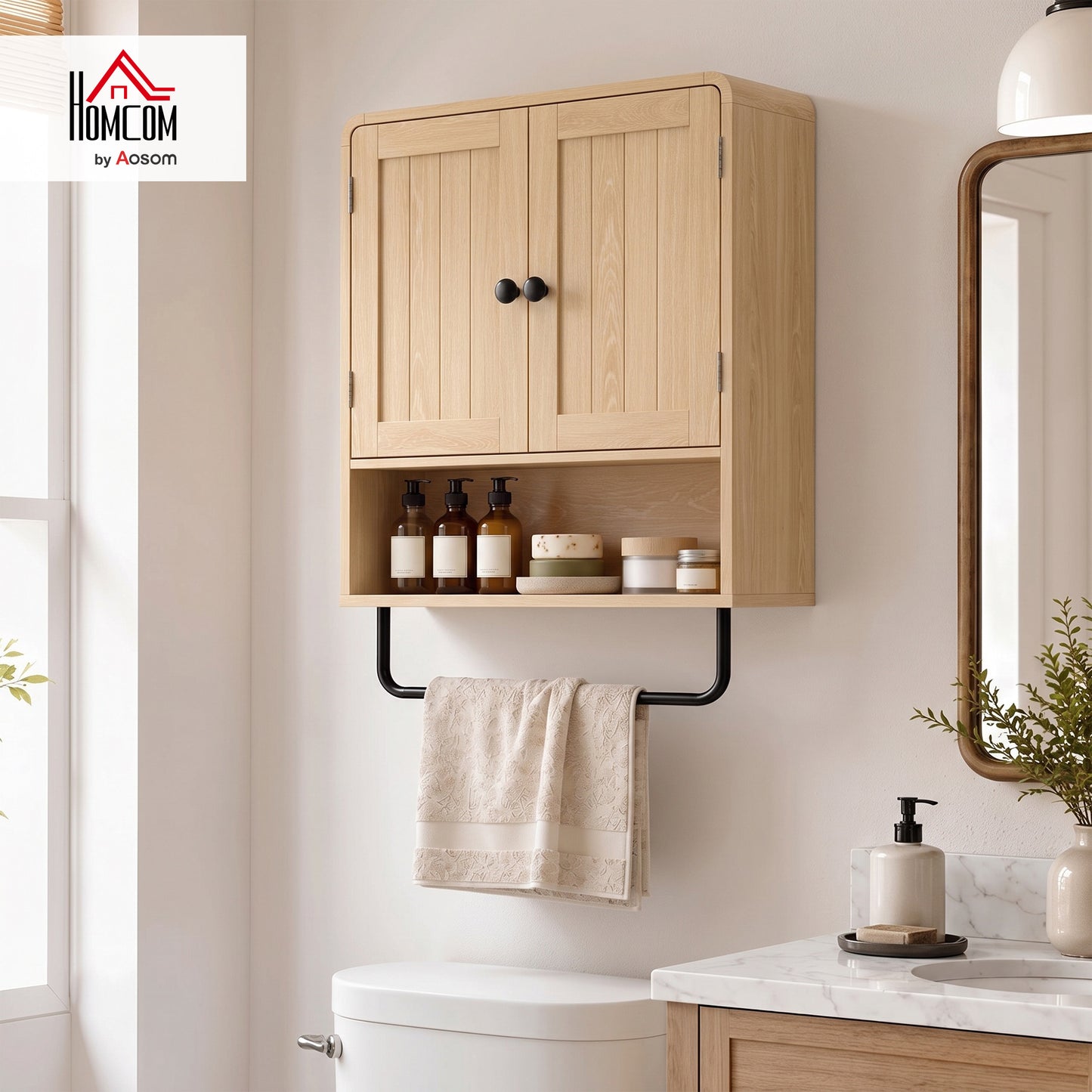 Bathroom Cabinet with 2 Doors and Adjustable Shelf, Oak