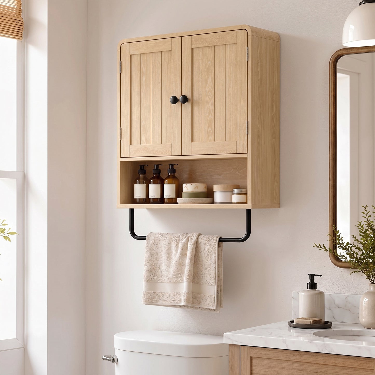 Bathroom Cabinet with 2 Doors and Adjustable Shelf, Oak