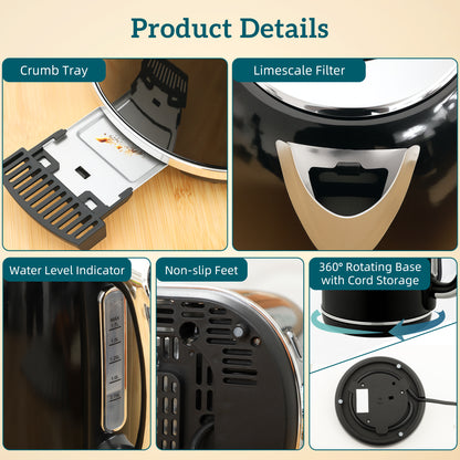 1.7L 3000W Kettle and 2 Slice Toaster with Keep Warm Memory Function