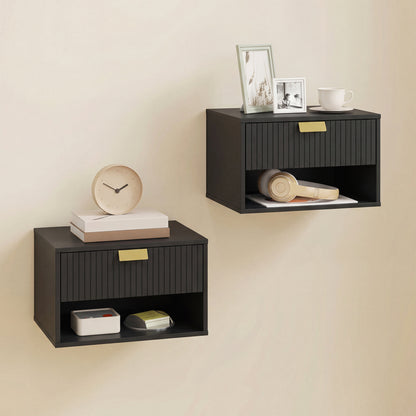 Floating Bedside Tables Set of 2 with Fluted Drawer Open Shelf Black