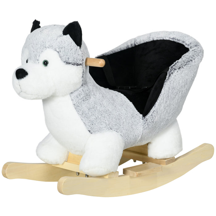 Baby Rocking Horse, Husky-shaped Plush Wooden Child Rocking Animal w/ Seat Belt, Ride on Toy for Kids 18-36 Months, Grey