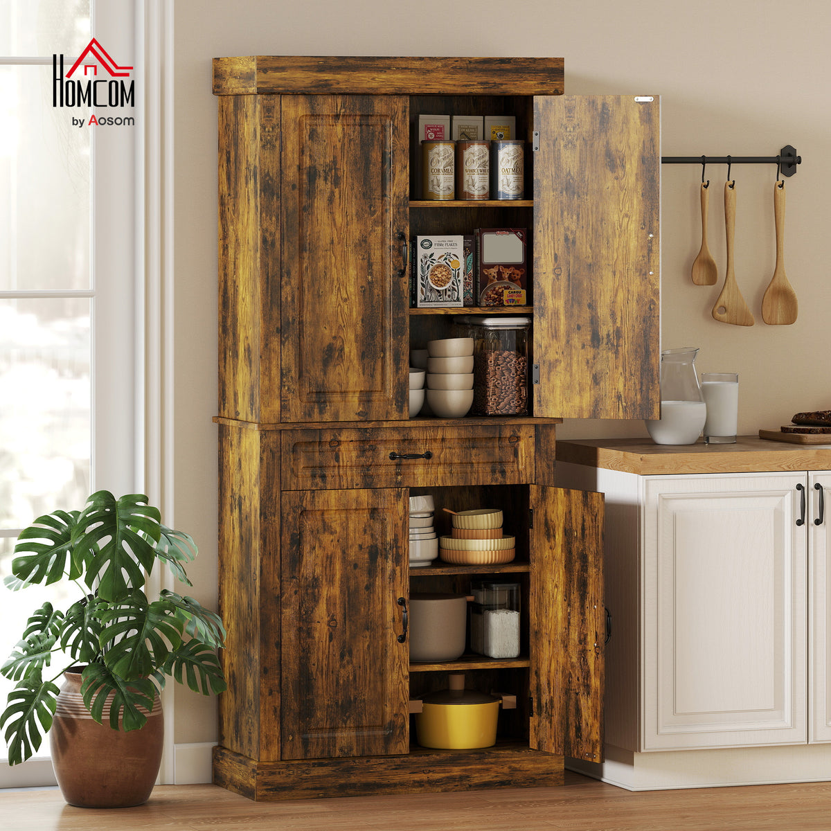 180cm Kitchen Pantry, KitchenStorage Cabinet with Shelves, Brown