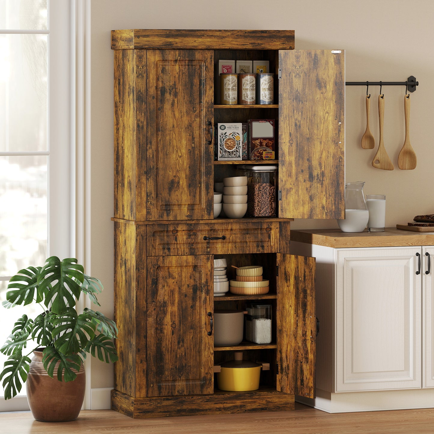 180cm Kitchen Pantry, KitchenStorage Cabinet with Shelves, Brown