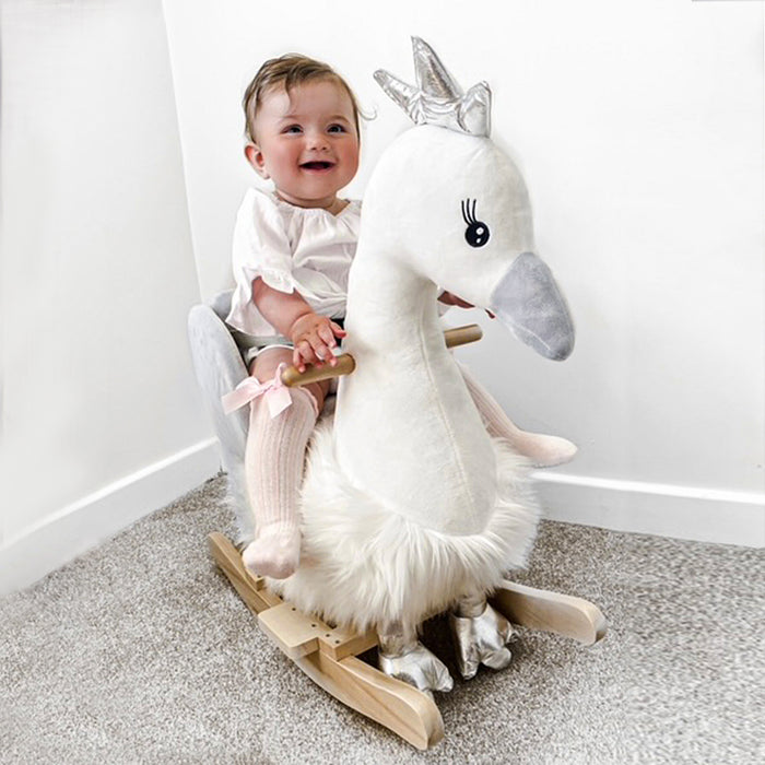 Kids Plush Ride-On Rocking Animal Horse Swan-shaped Toy Rocker with Realistic Sounds for Toddler 18-36 Months