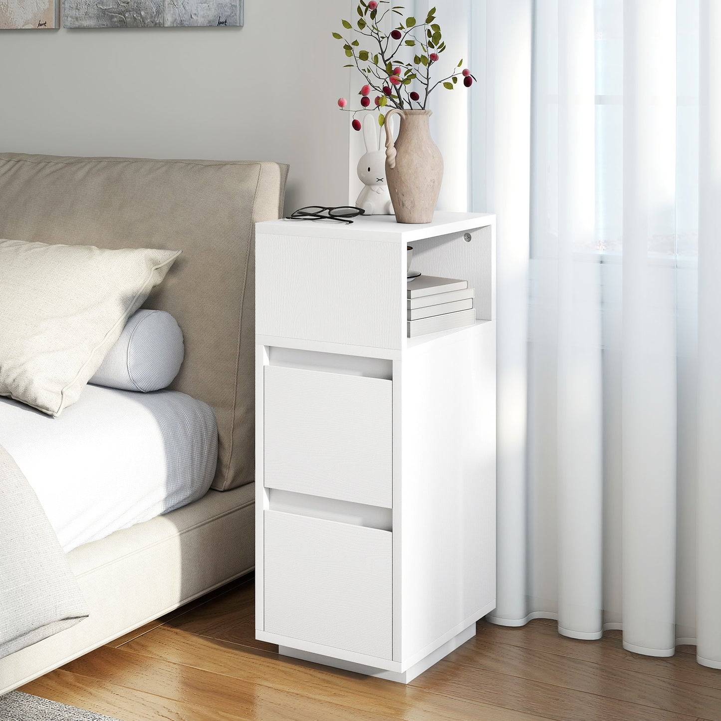 Slim Bedside Table, Bedside Cabinet with Open Shelf and 2 Drawers