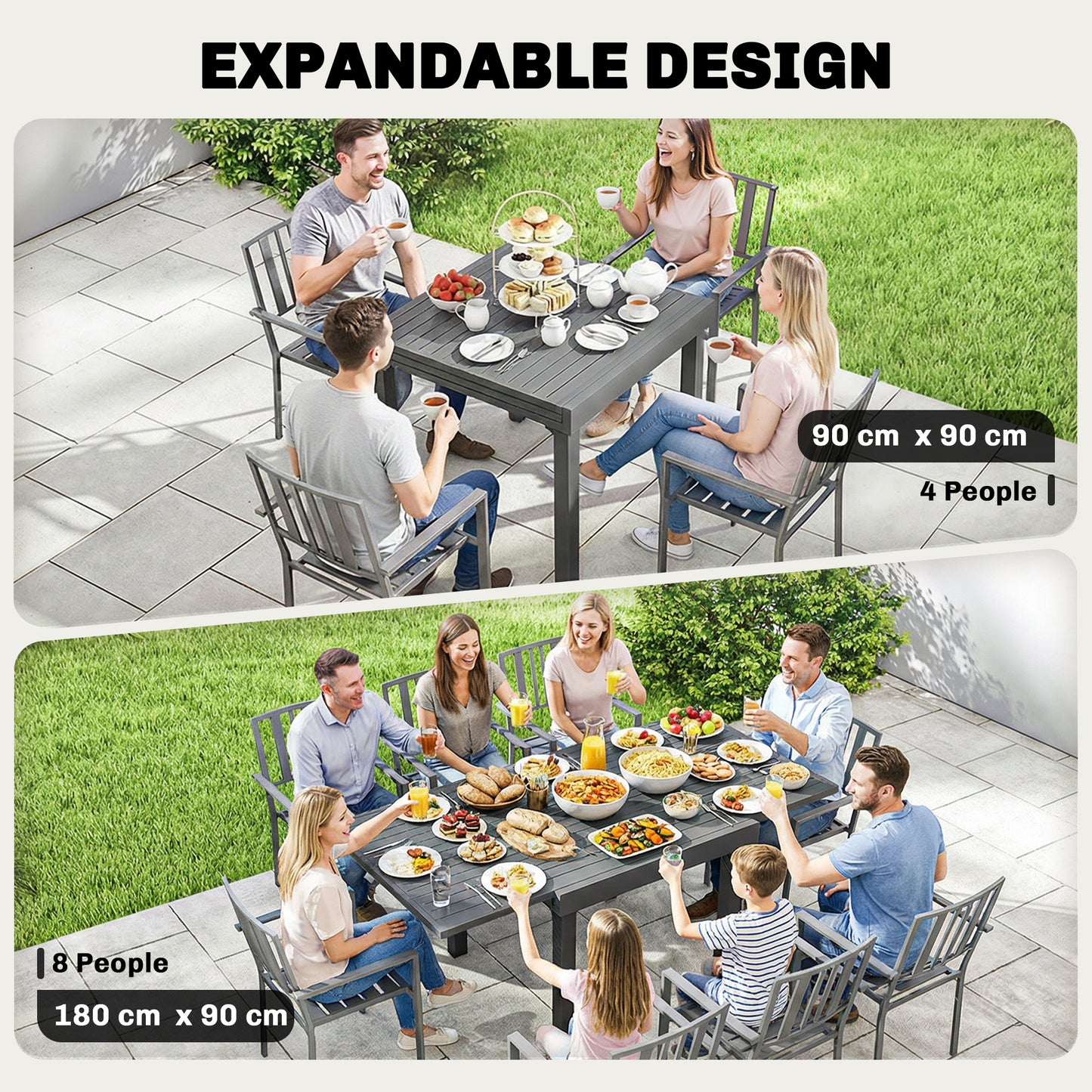 Extending Garden Table for 4-8, Aluminium Outdoor Table, Dark Grey