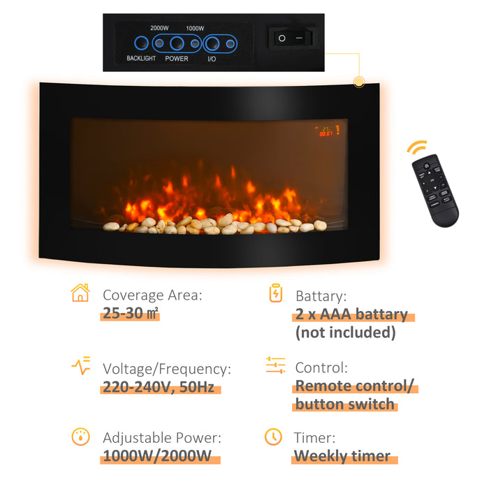 Led Wall Mounted Fireplace Curved Glass Electric Fire Place Fire Place 7 Colour Side Lights Slimline, 1000/2000W, 89.2cm x 48cm