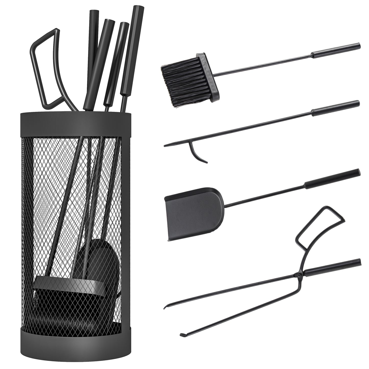 5-Piece Fireplace Companion Set, Metal Fireplace Tools Set with Brush, Shovel, Poker, Tongs and Bucket, Fireside Companion for Indoor or Outdoor Fireplaces, Chimineas, Fire Pits
