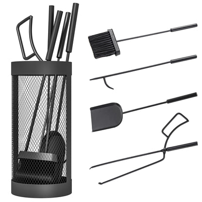 5-Piece Fireplace Companion Set, Metal Fireplace Tools Set with Brush, Shovel, Poker, Tongs and Bucket, Fireside Companion for Indoor or Outdoor Fireplaces, Chimineas, Fire Pits