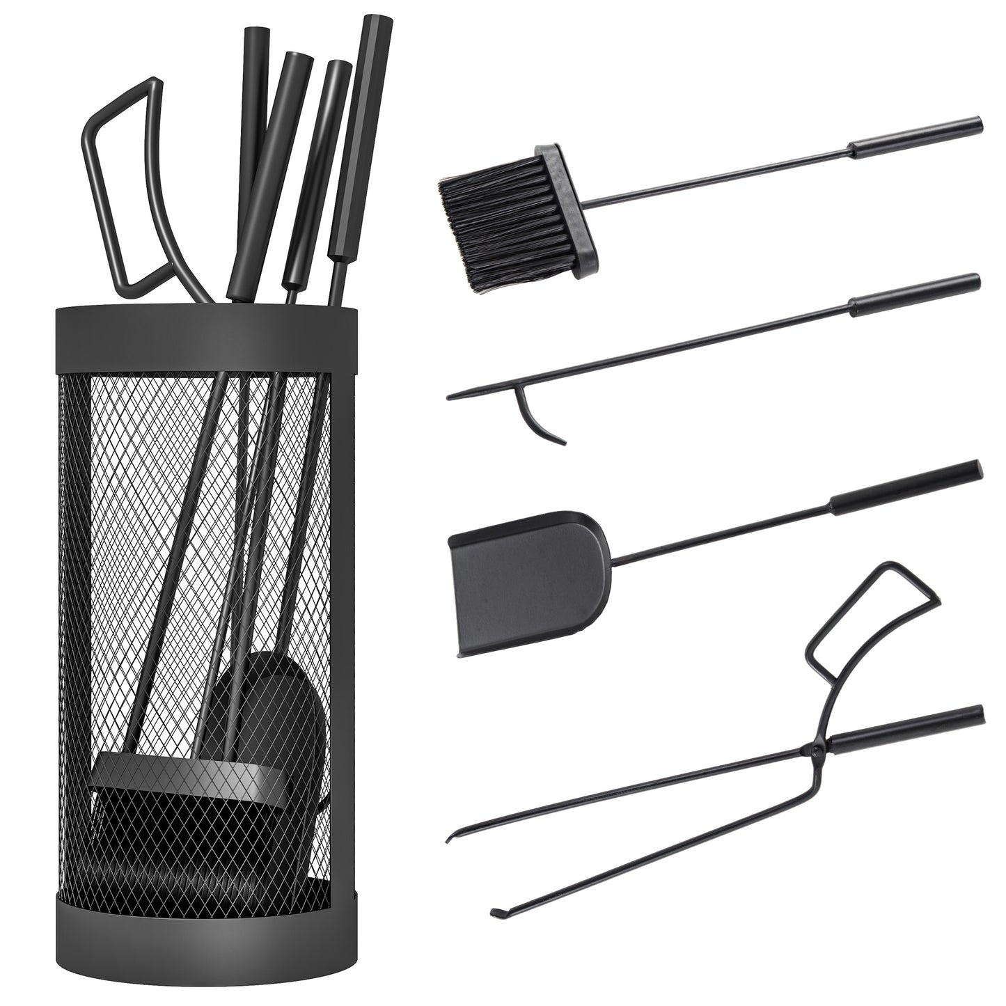 5-Piece Fireplace Companion Set, Metal Fireplace Tools Set with Brush, Shovel, Poker, Tongs and Bucket, Fireside Companion for Indoor or Outdoor Fireplaces, Chimineas, Fire Pits