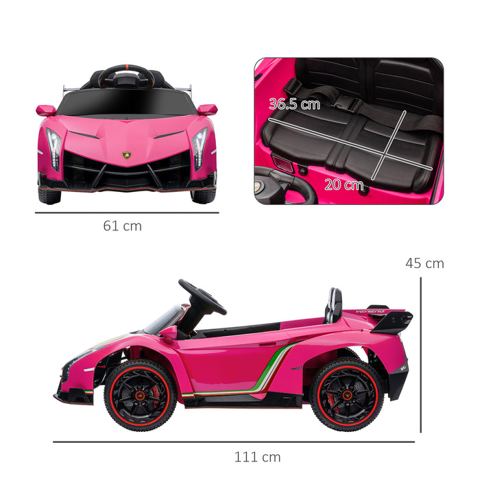 Lamborghini Veneno Licensed 12V Kids Electric Ride on Car w/ Butterfly Doors, Portable Battery, Powered Electric Car w/ Bluetooth, Pink