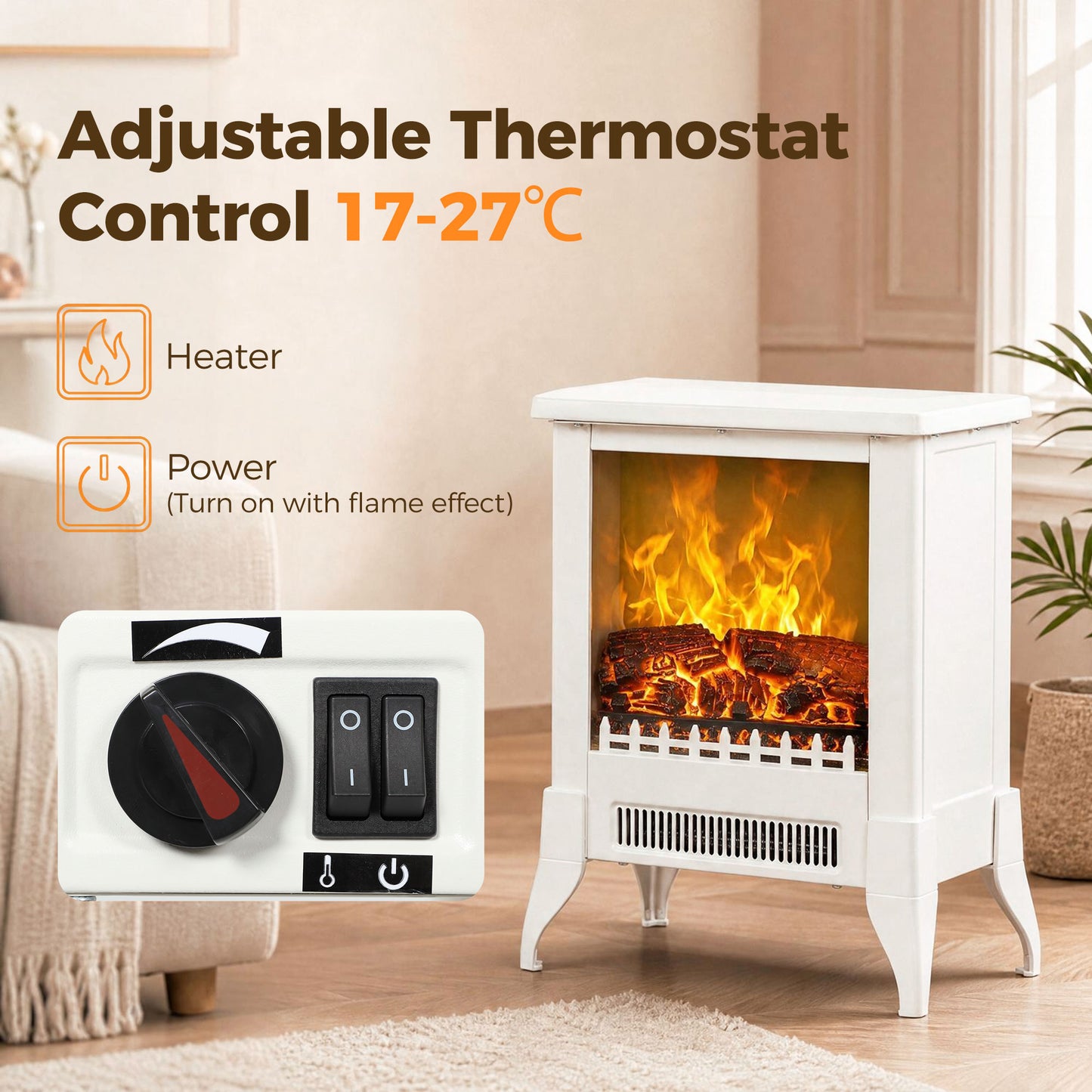Electric Fireplace Stove, Fireplace Heater W/ Flame Effect