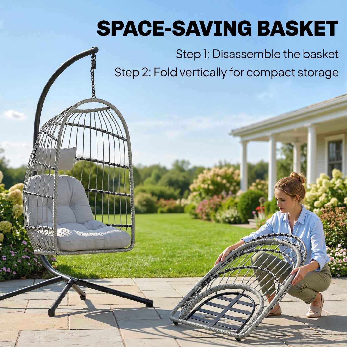 Hanging Egg Chair, Outdoor Swing Chair with Stand, Light Grey