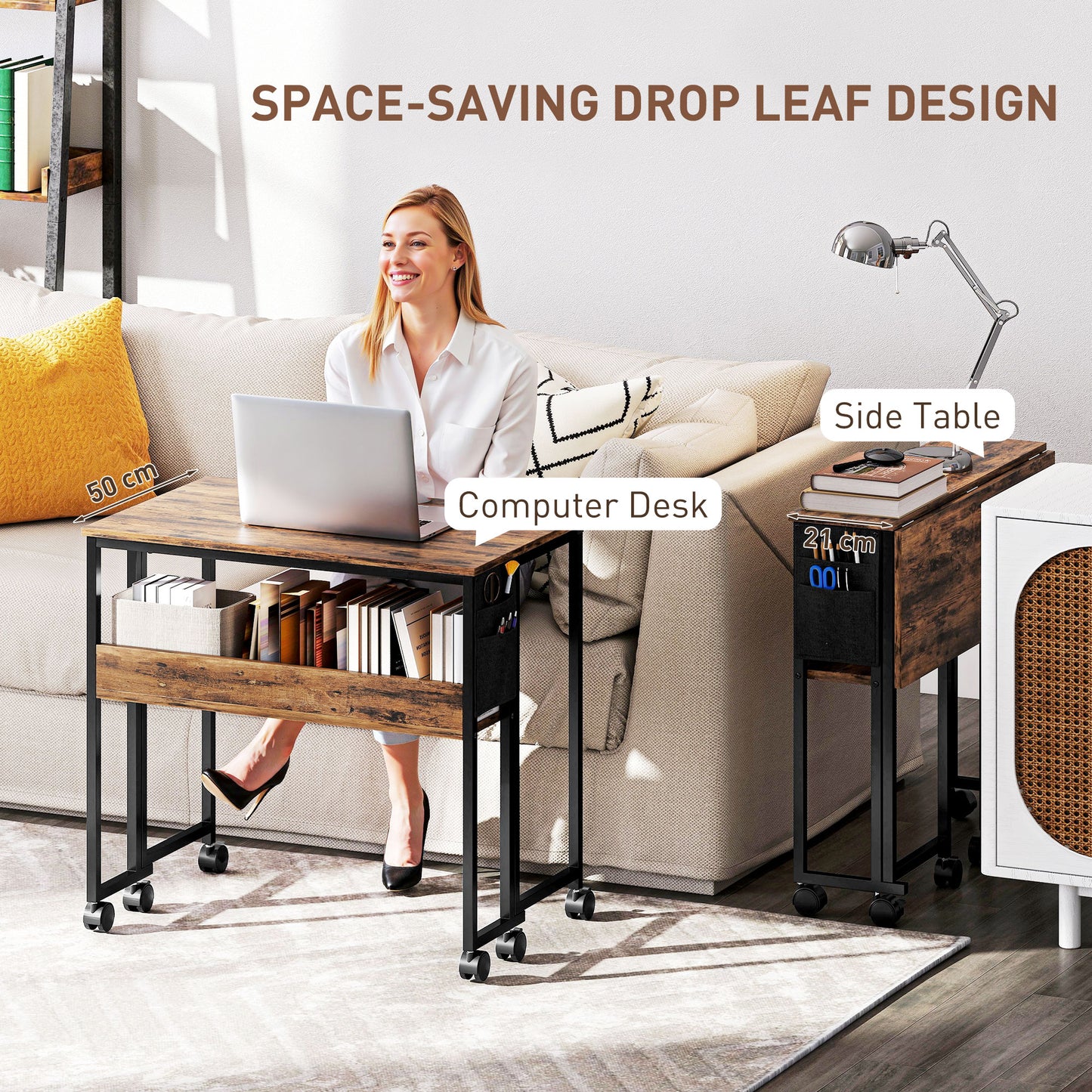 80 cm Foldable Computer Desk on Wheels for Small Spaces Rustic Brown