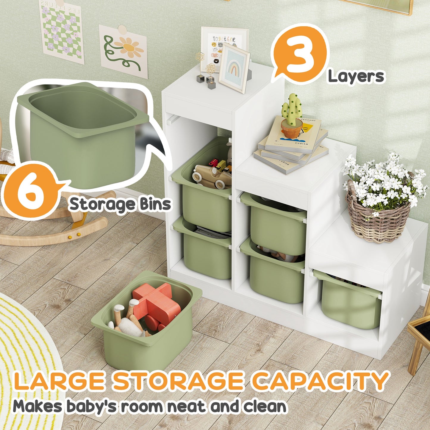 Kids Toy Storage Unit with Removable Bins, for 3-8 Years, Green