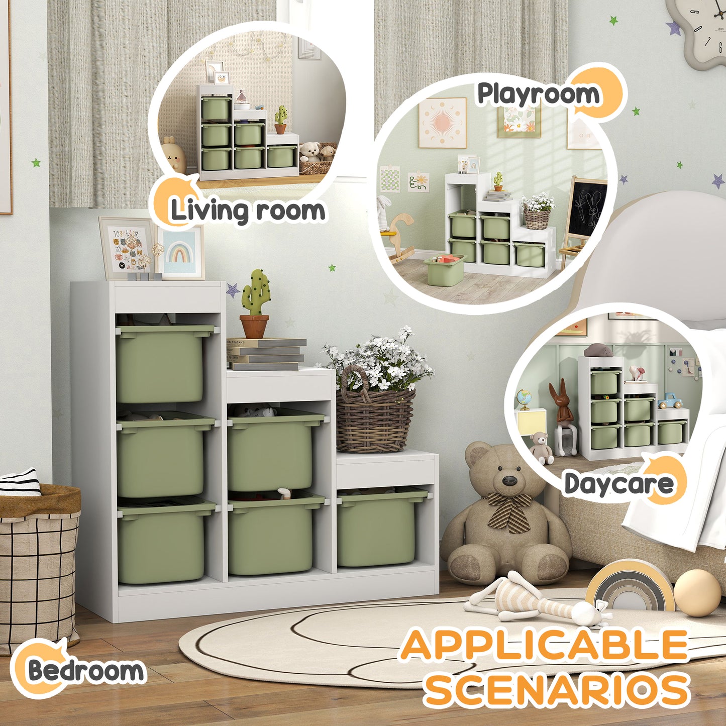 Kids Toy Storage Unit with Removable Bins, for 3-8 Years, Green