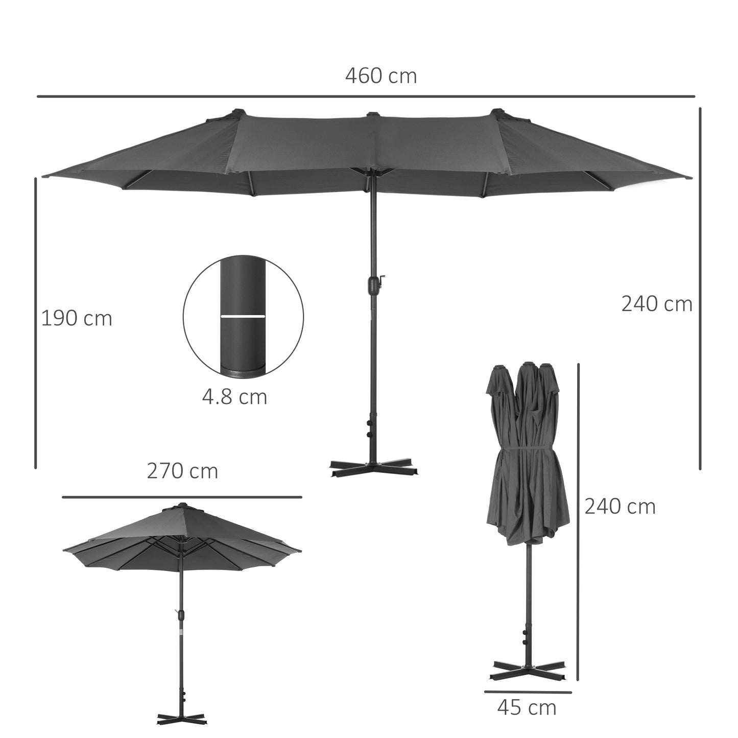 4.6m Garden Parasol Double-Sided Sun Umbrella Patio Market Shelter Canopy Shade Outdoor with Cross Base √¢¬Ä¬ì Grey