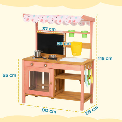 Wooden Kids Mud Kitchen with Canopy, Planter Box, Pink