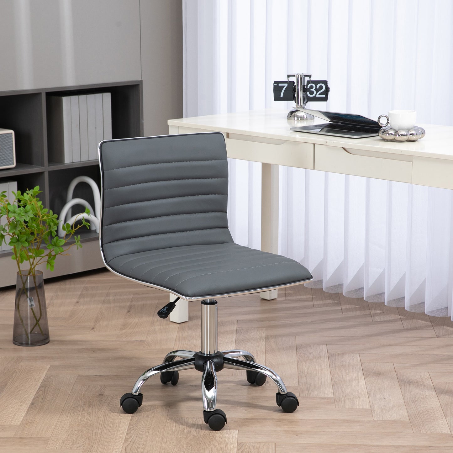 Adjustable Swivel Office Chair with Armless Mid-Back in PU Leather and Chrome Base - Grey