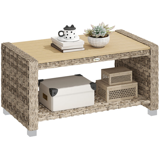 Outdoor Coffee Table with Storage Shelf and Slatted Top, Light Brown