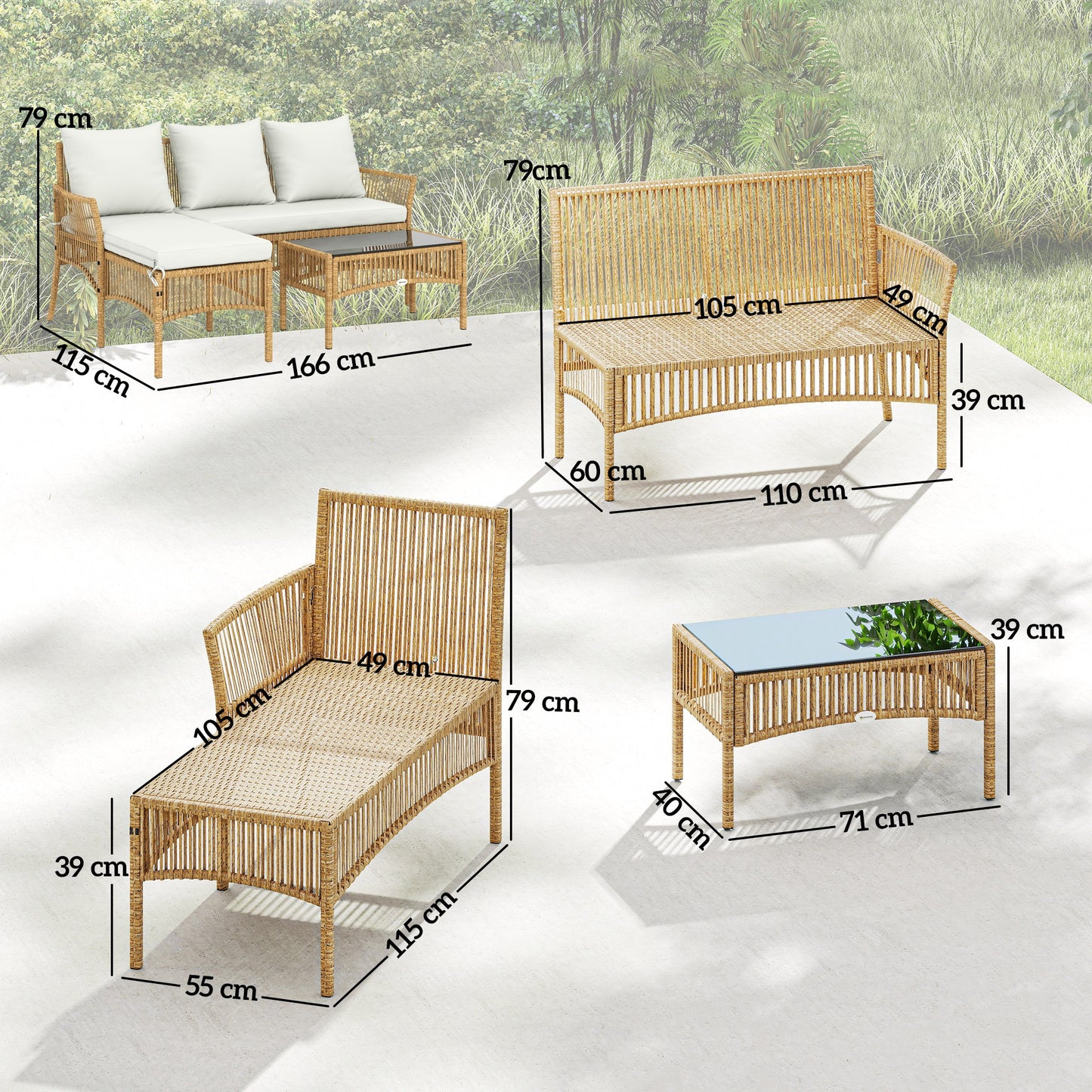 3 Piece Rattan Garden Furniture Set with Cushions, Natural Wood