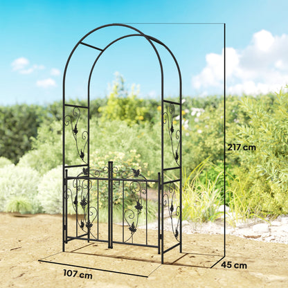 2.17m Steel Garden Arch with Double Gate, Garden Arbor Trellis, Black
