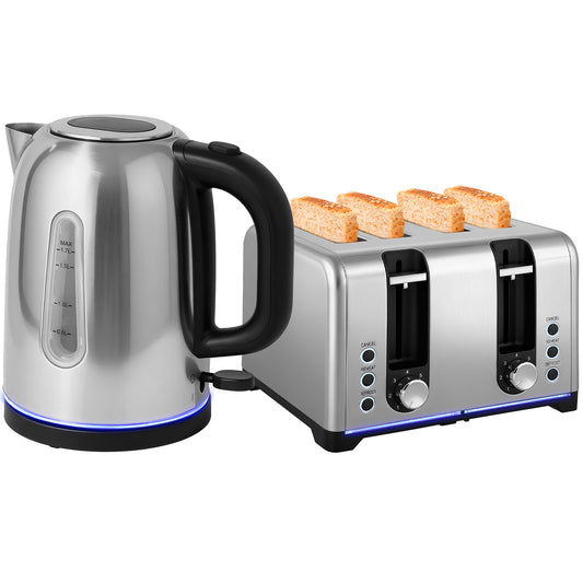 4 Slice Wide Slot Toaster and 1.7L Rapid Boil Kettle Set, Silver Tone