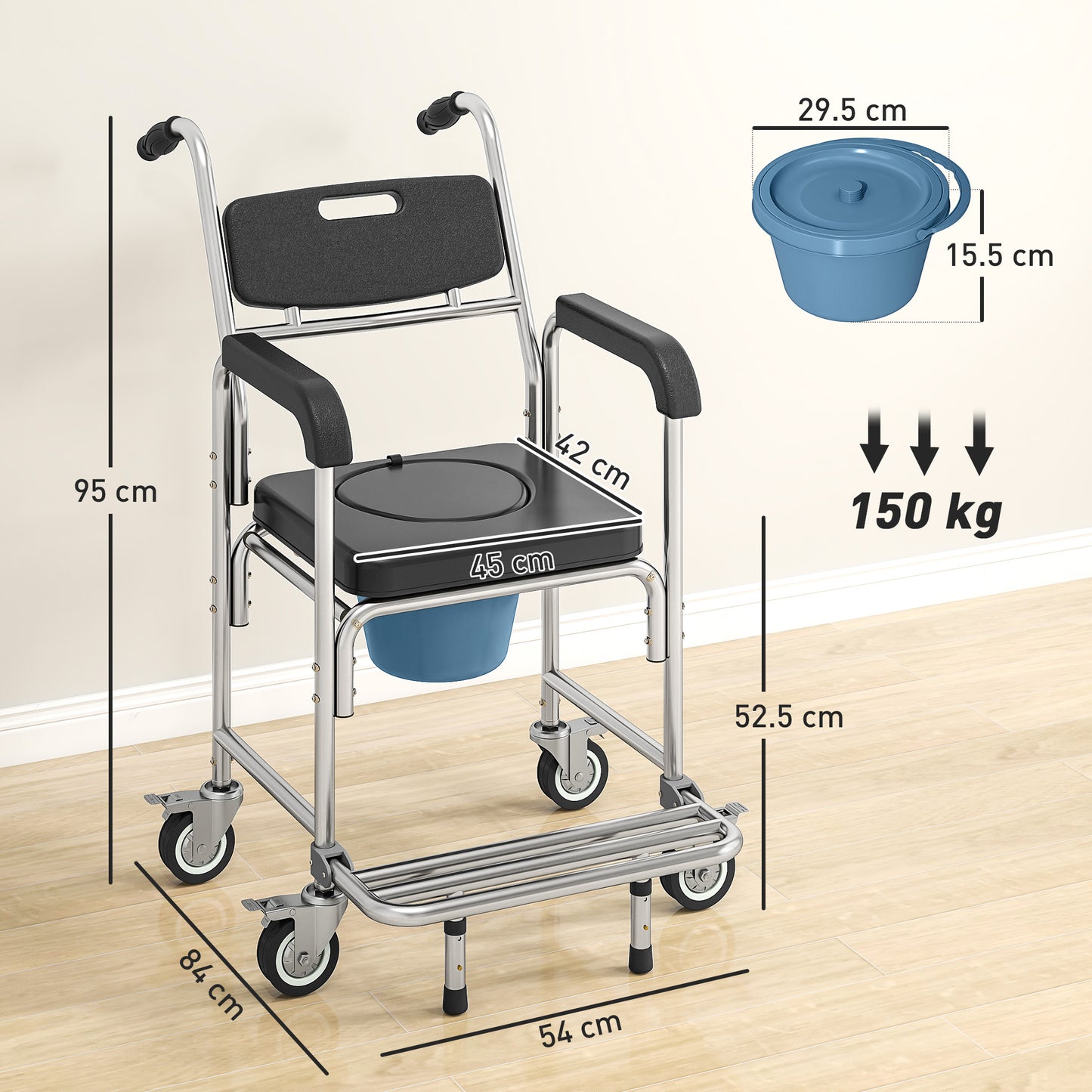 3-in-1 Commode Chair with Wheels, Transport Beside Shower Chair, Waterproof Rolling Shower Commode Wheelchair with Padded Seat for Disabled and Elderly People, Black