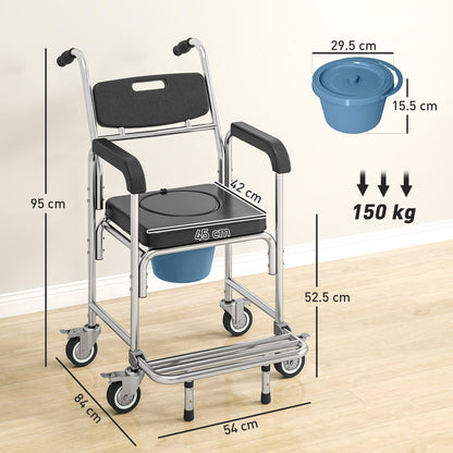 3-in-1 Commode Chair with Wheels, Transport Beside Shower Chair, Waterproof Rolling Shower Commode Wheelchair with Padded Seat for Disabled and Elderly People, Black